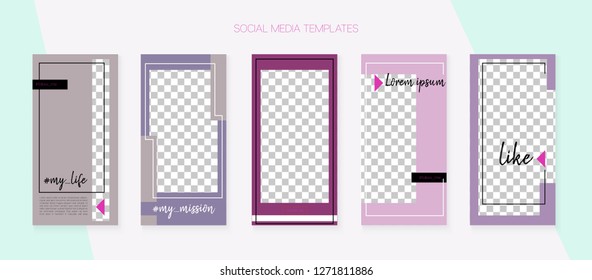 Social Media Stories SMM Template. Blogger Covers Vector Set. Minimal App Kit, Purple Pink Blue Abstract Geometric Cover Patterns. Invitation Phone Design Pack. Social Media Stories Templates
