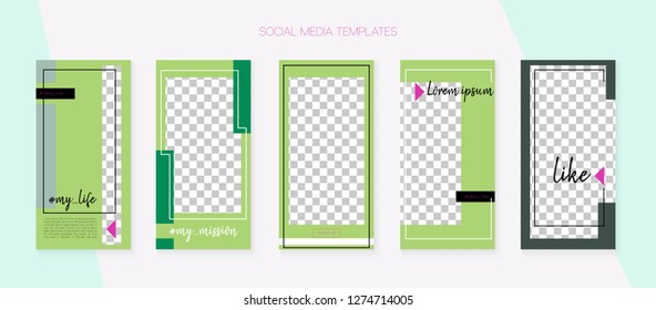 Social Media Stories SMM Template. Blogger Concept Vector Set. Graphic Brand Design Pack. Minimal App Kit, Green Grey Blue Rich VIP Geometric Cover Patterns.  Social Media Stories Collection