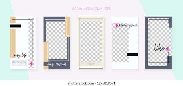 Social Media Stories SMM Template. Graphic Advert Design Pack. Funky App Kit, Blie White Grey Luxury Geometric Cover Patterns. Blogger Cards Vector Set. Social Media Stories Templates