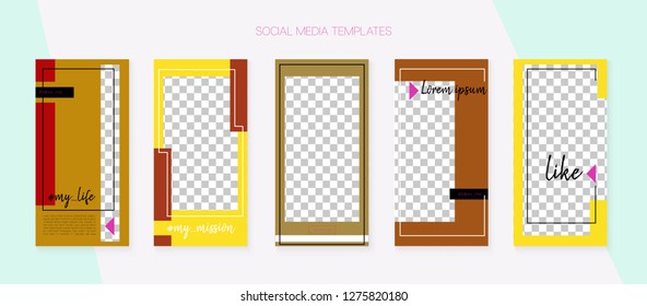 Social Media Stories SMM Template. Simple App Kit, Yellow Orange Brown Fashion Geometric Cover Patterns. Invitation Mobile Design Pack. Blogger Covers Vector Set. Social Media Stories Templates