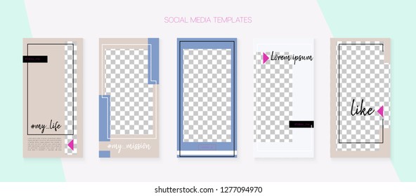 Social Media Stories SMM Template. Graphic Apps Design Pack. Blogger Covers Vector Set. Hipster App Kit, Blie White Grey Polygon Geometric Cover Patterns. Social Media Stories Simple Set