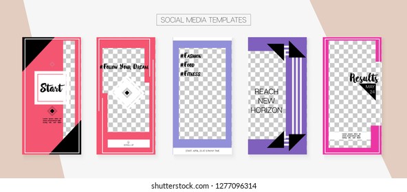 Social Media Stories SMM Template. Minimal App Kit, Purple Pink Blue Abstract Geometric Cover Patterns. Graphic Apps Design Pack. Blogger Design Vector Set. Social Media Stories Templates