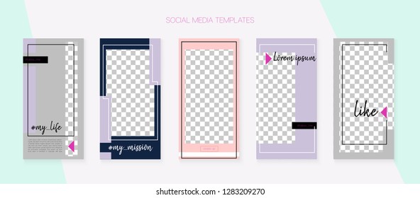 Social Media Stories SMM Template. Modern App Kit, Purple Pink Blue Rich VIP Geometric Cover Patterns. Graphic Phone Design Pack. Blogger Design Vector Set. Social Media Stories Templates