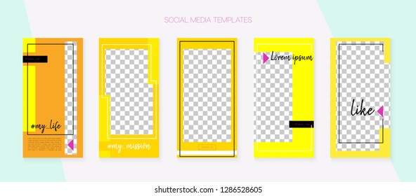 Social Media Stories SMM Template. Blogger Frame Vector Set. Hipster App Kit, Yellow Orange Brown Rich VIP Geometric Cover Patterns. Invitation Mobile Design Pack. Social Media Stories VIP Layout