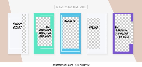 Social Media Stories SMM Template. Blogger Border Vector Set. Graphic Phone Design Pack. Funky App Kit, Blie White Grey Rich VIP Geometric Cover Patterns.  Social Media Stories Collection