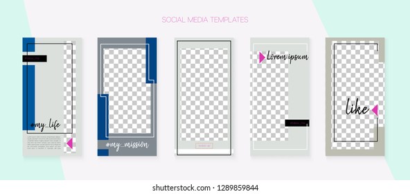 Social Media Stories SMM Template. Modern App Kit, Blie White Grey Rich VIP Geometric Cover Patterns. Blogger Design Vector Set. Graphic Apps Design Pack.  Social Media Stories Collection