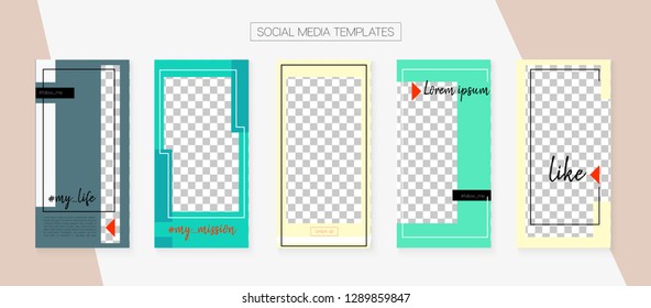 Social Media Stories SMM Template. Graphic Mobile Design Pack. Funky App Kit, Green Grey Blue Polygon Geometric Cover Patterns. Blogger Design Vector Set. Social Media Stories Templates
