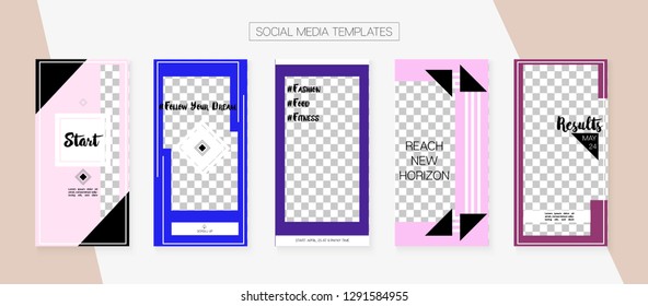 Social Media Stories SMM Template. Blogger Concept Vector Set. Simple App Kit, Purple Pink Blue Elegant Geometric Cover Patterns. Invitation Advert Design Pack.  Social Media Stories Collection