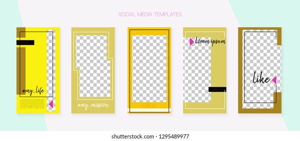 Social Media Stories SMM Template. Invitation Apps Design Pack. Tech App Kit, Yellow Orange Brown Abstract Geometric Cover Patterns. Blogger Border Vector Set. Social Media Stories VIP Layout