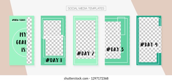 Social Media Stories SMM Template. Blogger Border Vector Set. Tech App Kit, Green Grey Blue Rich VIP Geometric Cover Patterns. Graphic Advert Design Pack. Social Media Stories Simple Set