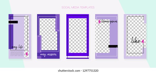 Social Media Stories SMM Template. Trendy App Kit, Purple Pink Blue Luxury Geometric Cover Patterns. Invitation Mobile Design Pack. Blogger Border Vector Set. Social Media Stories Simple Set