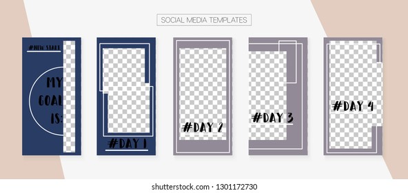 Social Media Stories SMM Template. Blogger Design Vector Set. Trendy App Kit, Blie White Grey Elegant Geometric Cover Patterns. Graphic Advert Design Pack. Social Media Stories Templates