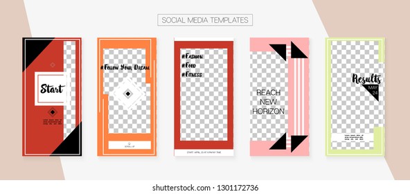 Social Media Stories SMM Template. Graphic Brand Design Pack. Tech App Kit, Green Brown White Blue Polygon Geometric Cover Patterns. Blogger Frame Vector Set. Social Media Stories Simple Set
