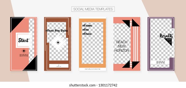 Social Media Stories SMM Template. Invitation Advert Design Pack. Funky App Kit, Brown Grey Transparent Polygon Geometric Cover Patterns. Blogger Border Vector Set.  Social Media Stories Collection