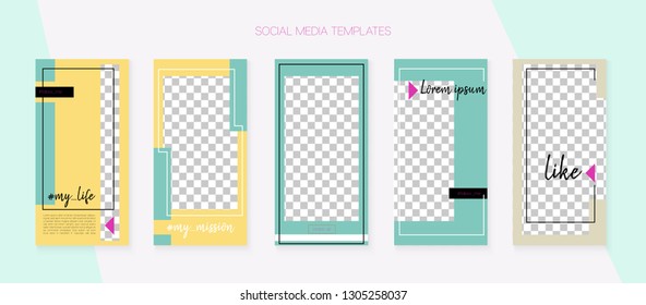 Social Media Stories SMM Template. Blogger Covers Vector Set. Graphic Apps Design Pack. Modern App Kit, Green Blue Yellow Red Graphic Geometric Cover Patterns. Social Media Stories Templates