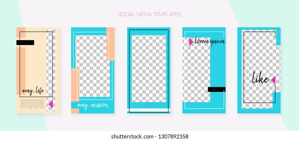 Social Media Stories SMM Template. Invitation Advert Design Pack. Blogger Concept Vector Set. Modern App Kit, Green Blue Yellow Red Rich VIP Geometric Cover Patterns. Social Media Stories Simple Set