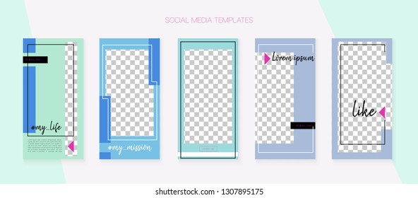 Social Media Stories SMM Template. Blogger Border Vector Set. Graphic Apps Design Pack. Modern App Kit, Blie White Grey Luxury Geometric Cover Patterns. Social Media Stories VIP Layout
