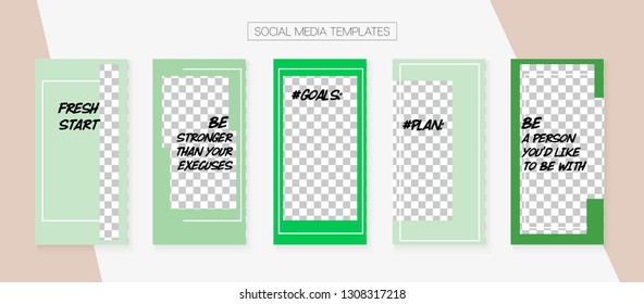 Social Media Stories SMM Template. Graphic Phone Design Pack. Blogger Design Vector Set. Tech App Kit, Green Grey Blue Fashion Geometric Cover Patterns. Social Media Stories VIP Layout
