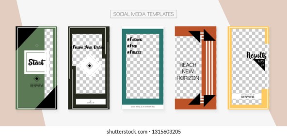 Social Media Stories SMM Template. Funky App Kit, Brown Grey Transparent Polygon Geometric Cover Patterns. Invitation Apps Design Pack. Blogger Design Vector Set.  Social Media Stories Collection