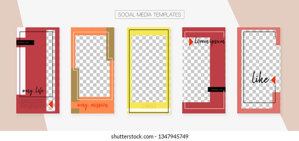 Social Media Stories SMM Template. Simple App Kit, Pink Purple Grey Yellow Rich VIP Geometric Cover Patterns. Graphic Advert Design Pack. Blogger Covers Vector Set.  Social Media Stories Collection
