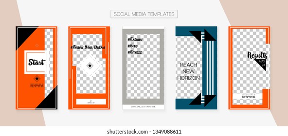 Social Media Stories SMM Template. Graphic Phone Design Pack. Tech App Kit, Pink Purple Blue Grey Yellow Elegant Geometric Cover Patterns. Blogger Concept Vector Set.  Social Media Stories Collection