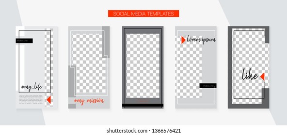 Social Media Stories SMM Template. Tech App Kit, Red White Grey Black Graphic Geometric Cover Patterns. Blogger Concept Vector Set. Invitation Mobile Design Pack. Social Media Stories Simple Set