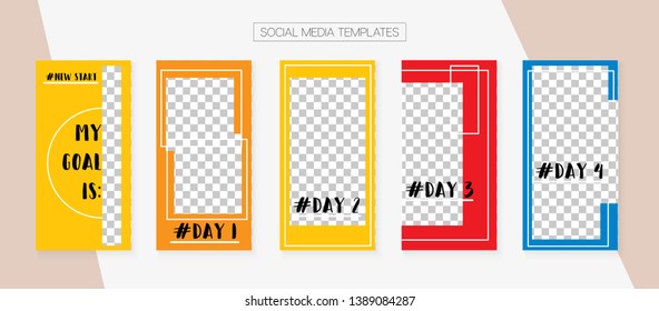 Social Media Stories SMM Template. Blogger Design Vector Set. Trendy App Kit, Green Blue Yellow Red Rich VIP Geometric Cover Patterns. Invitation Brand Design Pack.  Social Media Stories Collection