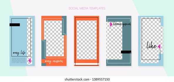 Social Media Stories SMM Template. Blogger Frame Vector Set. Invitation Apps Design Pack. Modern App Kit, Pink Purple Blue Grey Yellow Fashion Geometric Cover Patterns. Social Media Stories Templates