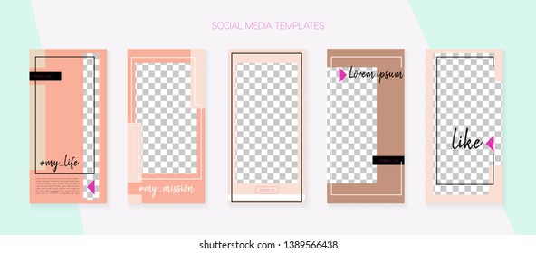 Social Media Stories SMM Template. Blogger Border Vector Set. Hipster App Kit, Green Brown White Blue Rich VIP Geometric Cover Patterns. Invitation Mobile Design Pack.  Social Media Stories Collection