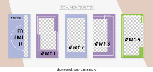 Social Media Stories SMM Template. Tech App Kit, Pink Purple Blue Grey Green Elegant Geometric Cover Patterns. Invitation Brand Design Pack. Blogger Covers Vector Set. Social Media Stories VIP Layout