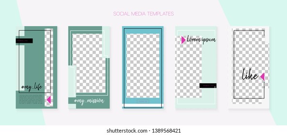Social Media Stories SMM Template. Blogger Frame Vector Set. Graphic Advert Design Pack. Simple App Kit, Pink Purple Blue Grey Yellow Graphic Geometric Cover Patterns.  Social Media Stories Collection