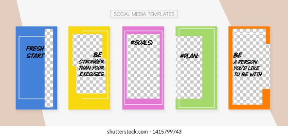 Social Media Stories SMM Template. Funky App Kit, Green Blue Yellow Red Fashion Geometric Cover Patterns. Invitation Brand Design Pack. Blogger Covers Vector Set.  Social Media Stories Collection