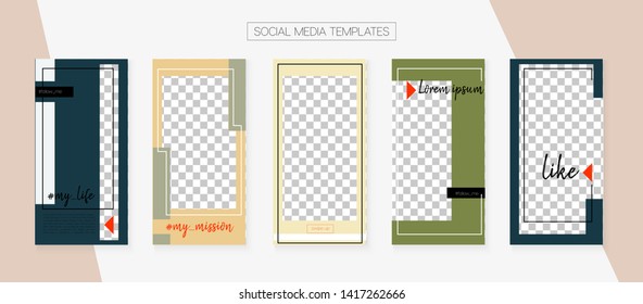 Social Media Stories SMM Template. Funky App Kit, Green Blue Yellow Red Rich VIP Geometric Cover Patterns. Invitation Phone Design Pack. Blogger Border Vector Set. Social Media Stories Simple Set