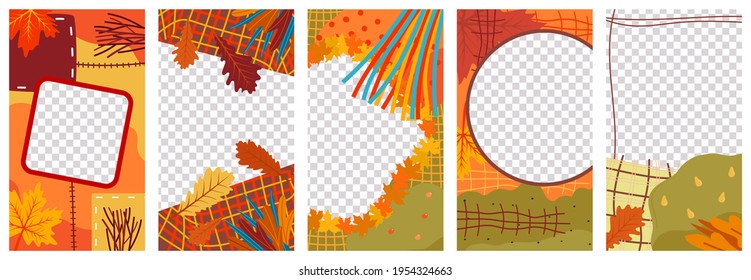 Social media stories template, bright autumn nature, colorful blank editable poster design, cartoon style, vector illustration.