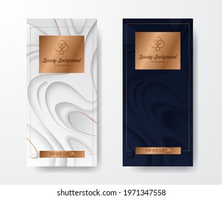 Social media stories template. elegant luxury wave carved background in blue white with golden color element