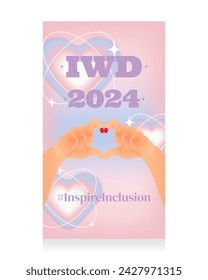 Social media stories template for International Women's Day. Two hands making a heart sign on a gradient blurred y2k background in the style of the 2000 aesthetic. Pastel colors. Vector illustration.