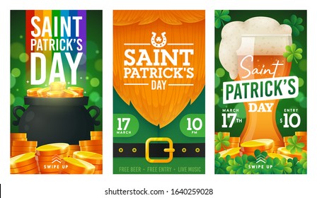 Social Media stories template on theme St. Patrick's Day. Set of banners square shape on theme Patricks Day. Design of advertising in social networks. Promotion vector illustration