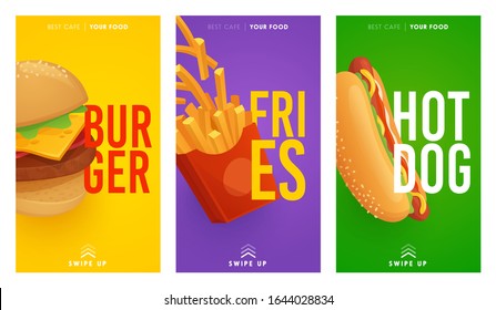 Social Media stories template on theme Fast Food. Set of banners square shape on theme Fast Food. Design of advertising in social networks. Food Promotion. Burger, fries, noodles, hot dog card