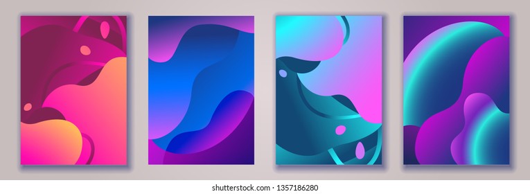 Social media stories template set, abstract trendy fluid wavy neon vertical backgrounds. Cyan, blue, pink, mint, orange, violet colors with gradients and halftones. Vector illustration, Eps10.