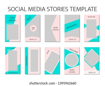 Social media stories template. Set of 10 story layout for bloggers and SMM. Editable web banners for mobile application. Mint green and pink pastel color palette. 