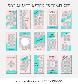 Social media stories template. Set of 15 story layout for bloggers and SMM. Mint green and pink pastel color palette. Editable web banners for mobile application.