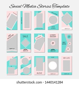 Social media stories template. Set of 15 story layout for bloggers and SMM. Mint green and pink pastel color palette. Editable web banners for mobile application. 