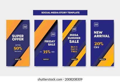 Social media stories template set with blue and yellow colors gradient. Layout for business story, online shop: new arrival, new collection. Vector for social media stories and web mobile ads.