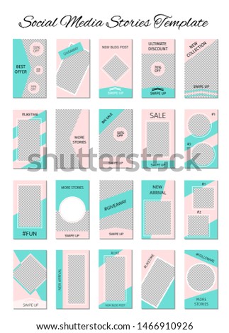 Social media stories template. Set of 20 story layout for bloggers and SMM. Mint green and pink pastel color palette. Editable web banners for mobile application. 