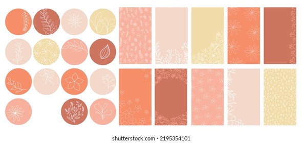 Social media stories templates. Abstract bright shapes and floral hand drawn elements. Vertical background template. Highlight cover set