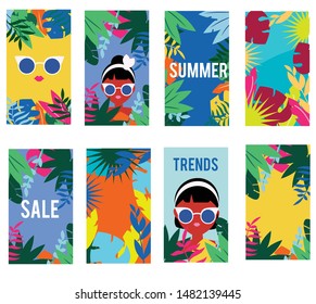 Social media stories templates. Colorful Fashionable Banners and Frames with tropical plant, woman and accesories