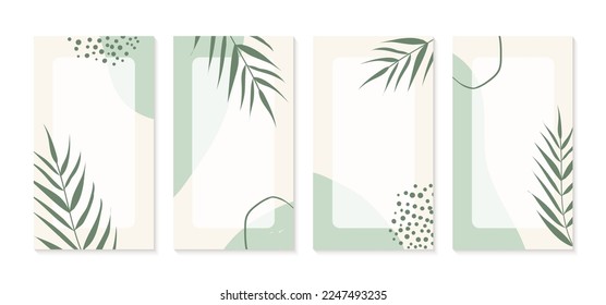 Social media stories templates with organic shapes, palm leaves and copy space for text. Green neutral abstract hand drawn minimal backgrounds