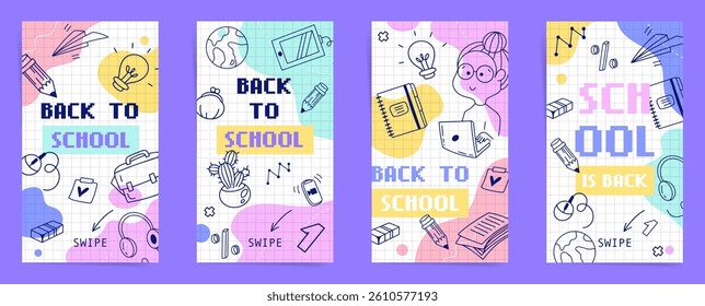 Social media stories templates set for back to school season with swipe arrows, creative doodles, pastel colors on checkered background