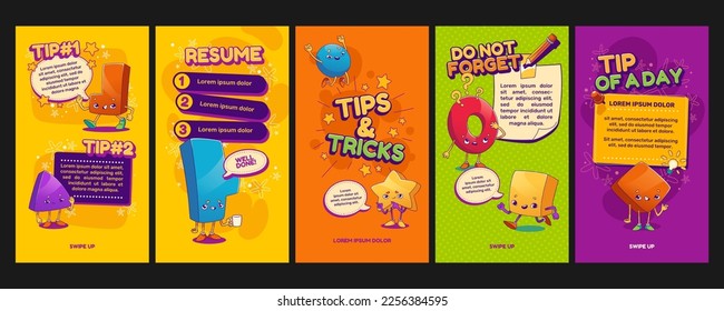 Social media stories with tips, tricks and advice. Banners template with cute characters of abstract geometric shapes, vector illustration in contemporary style