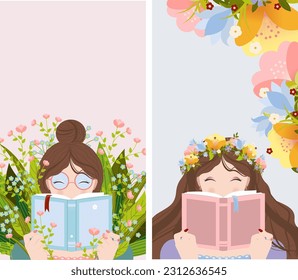 Social media stories vector flat design. Young girl reading a book on nature view background. For a book festival, fair, day of literature, education
